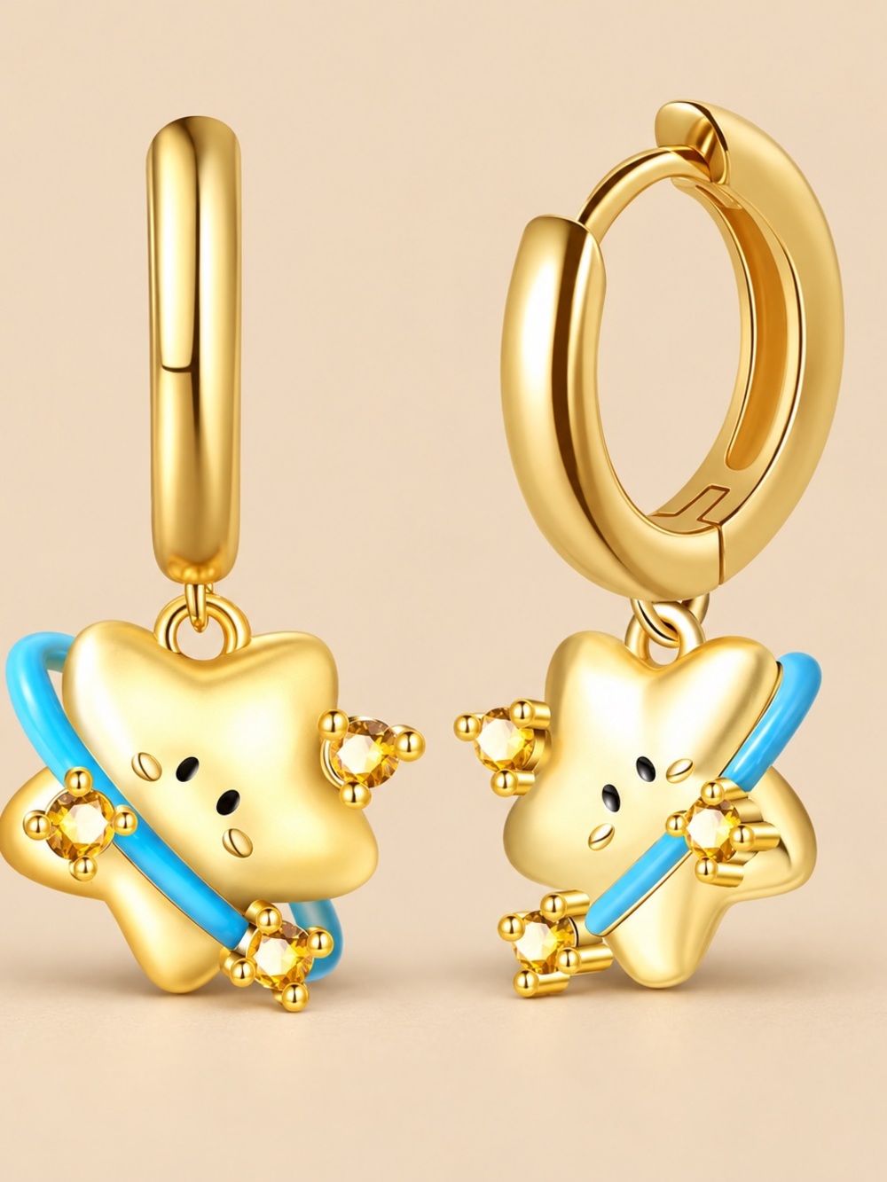 Gold Star Hoop Earrings with Blue Accent - Women Jewelry
